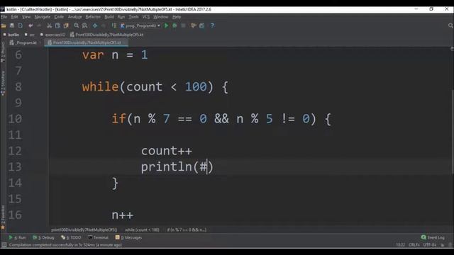 print 100 divisible by 7 not multiple of 5 in kotlin смотреть онлайн