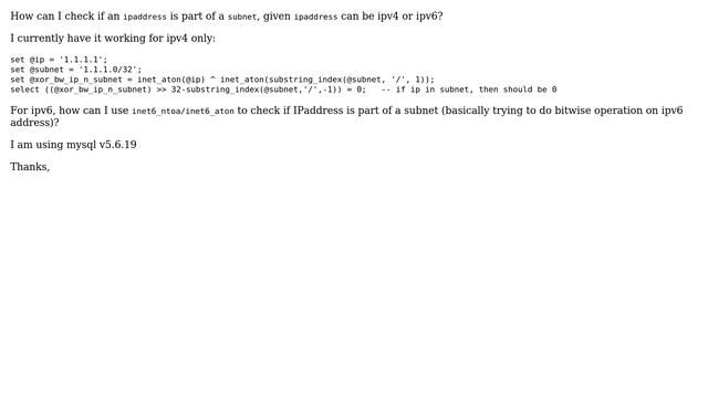 comparing ip and subnet (ipv4 and ipv6) - mysql смотреть онлайн