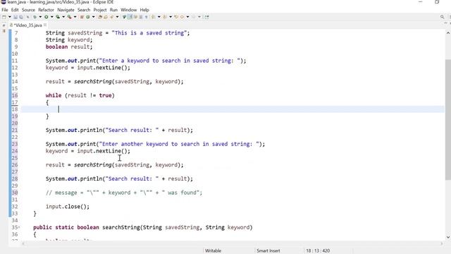 Java 35: A while loop to get user entry until a matching string is found - method returns a boolean смотреть онлайн