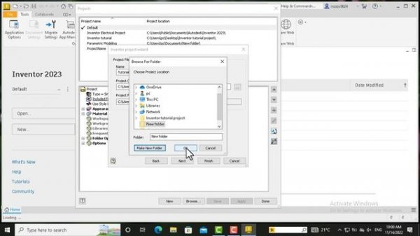 Creating a new project in Autodesk inventor 2023
