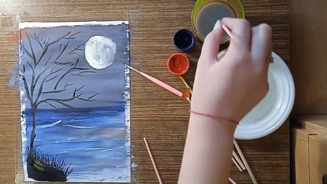 Ночной пейзаж, что нарисовать начинающему художнику Пейзаж с луной, пейзаж с морем , с деревом смотреть онлайн