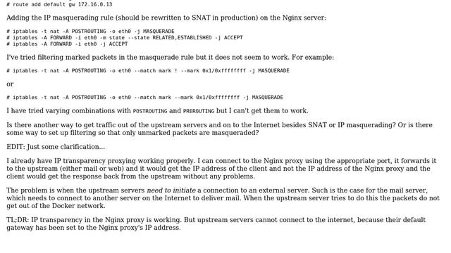Nginx IP transparency reverse proxying but upstreams need to be able to initiate connections to... смотреть онлайн