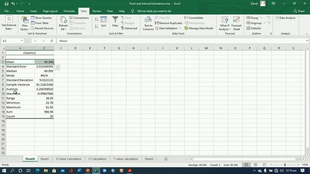 Confidence interval with T value using Excel