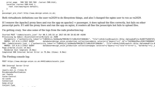 Solved: rails app on nginx + passenger behind apache2 mod_proxy, ajax upload fails with error 500 смотреть онлайн