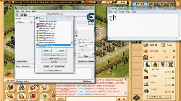 using the cheat engine on evony (cheat engine 6.1)