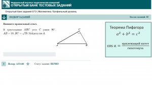 тип 1. ЕГЭ профиль. №A33A46 В треугольнике ABC угол C равен 90°, AB=10, BC=√19. Найдите cosA.