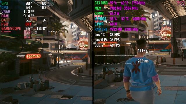 Steam Deck vs PC (GTX 1050 + i3 9100F) in Cyberpunk 2077 смотреть онлайн