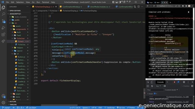 JavaScript421-React.js-Mise en place modale de confirmation pour valider la suppression du compte смотреть онлайн