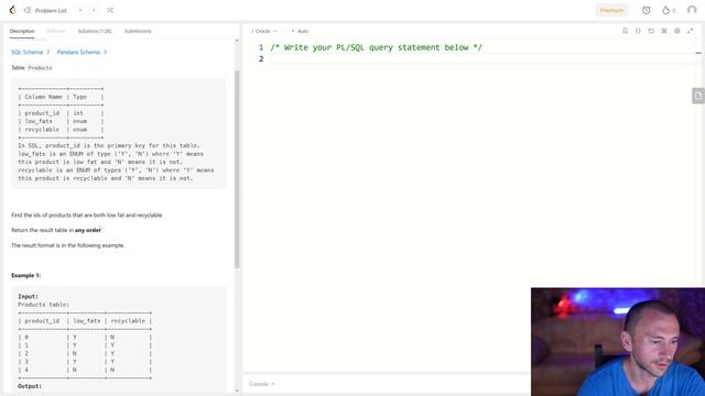 Решение задачи «1757. Recyclable and Low Fat Products» на SQL с сайта leetcode.com смотреть онлайн