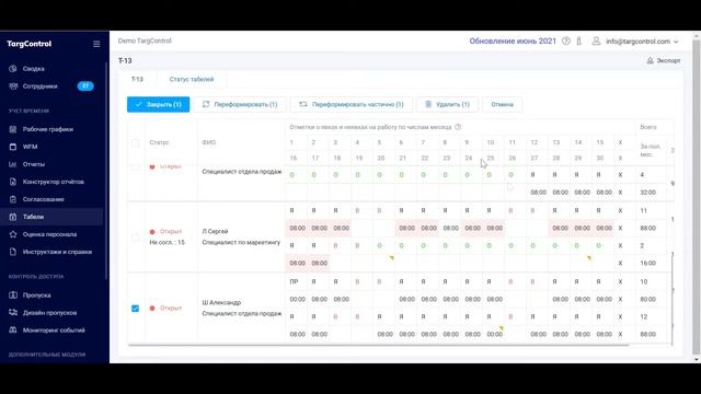Меню Табели | TARGControl смотреть онлайн