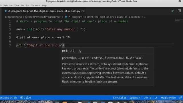 Write a program to print the digit at one's place of a number | OverPoweredProgrammer OPP | Python смотреть онлайн