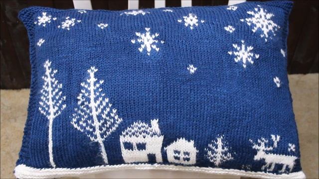 ПОДУШКА ЗИМНИМ жаккардовым узором. СХЕМА. ВЯЖЕМ вместе СПИЦАМИ. смотреть онлайн