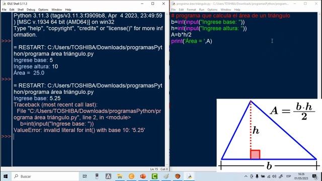 #python. Área de una triángulo usando input() y print() en Python con IDLE. 100% práctico. #6. смотреть онлайн