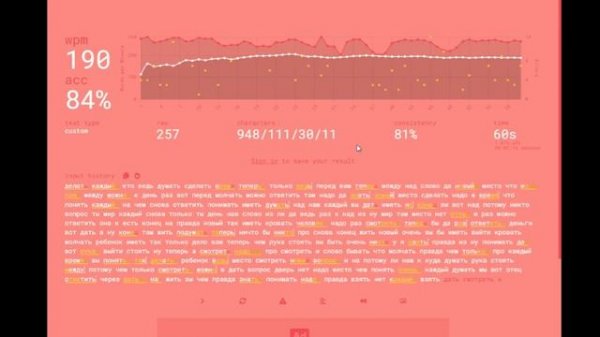 [Monkeytype] 190 257 on easy words (russian)