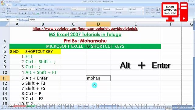 MS Excel 10 Shortcut Keys In Telugu [05] - Telugu Video Tutorial | LEARN COMPUTER TELUGU CHANNEL