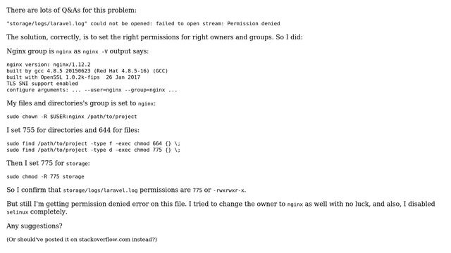 Set permission and ownership correctly, still getting "storage/logs/laravel.log" Permission denied смотреть онлайн