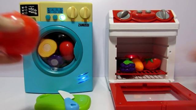 Toy Washing Machine Zanussi HTI and Toy Stove with Toy Velcro Cutting Fruits and Vegetables смотреть онлайн