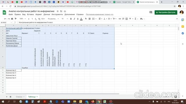 Создаем таблицу анализа контрольных работ по предмету в Google таблицу (часть 1) смотреть онлайн