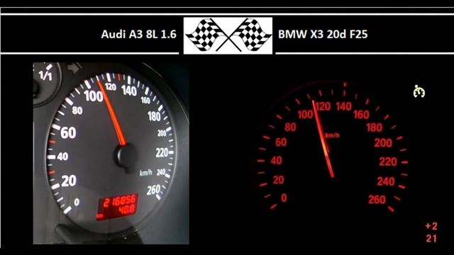 Audi A3 8L 1.6 VS. BMW X3 20d F25 - Acceleration 0-100km/h смотреть онлайн