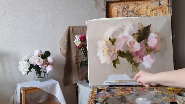 Как написать пионы. Работа на цветовых нюансах. Живопись маслом. смотреть онлайн