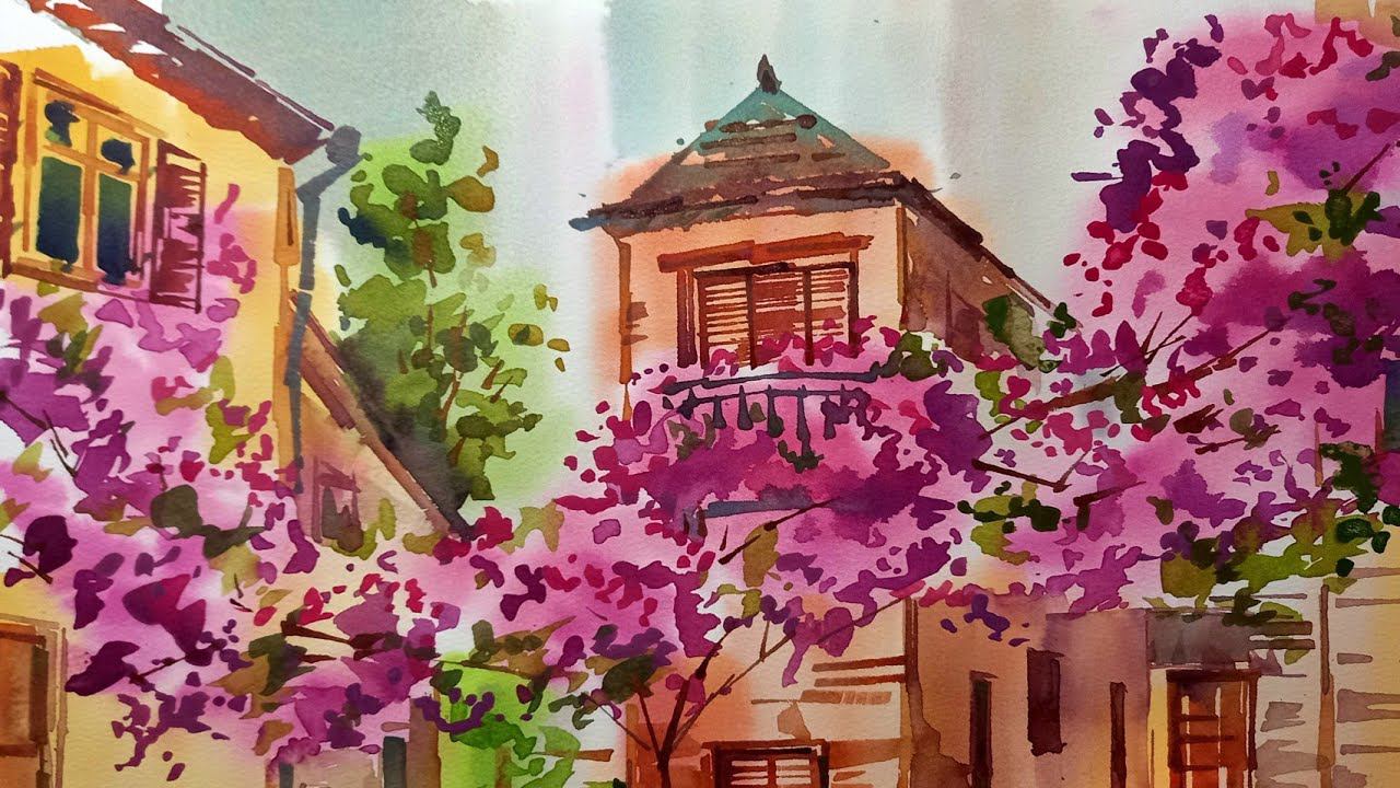По цветущим улочкам, урок по акварели смотреть онлайн