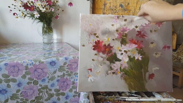 Живопись маслом. Красотка космея на белом. Пишем букет цветов. смотреть онлайн