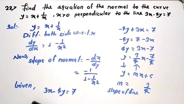Find the equation of the normal to the curve y=x+1/x perpendicular to the line 3x-4y=7 |edulover смотреть онлайн