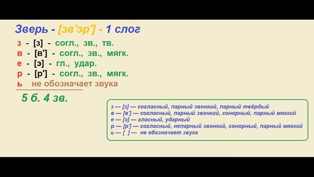 Звуко – буквенный (фонетический) разбор к слову Зверь смотреть онлайн