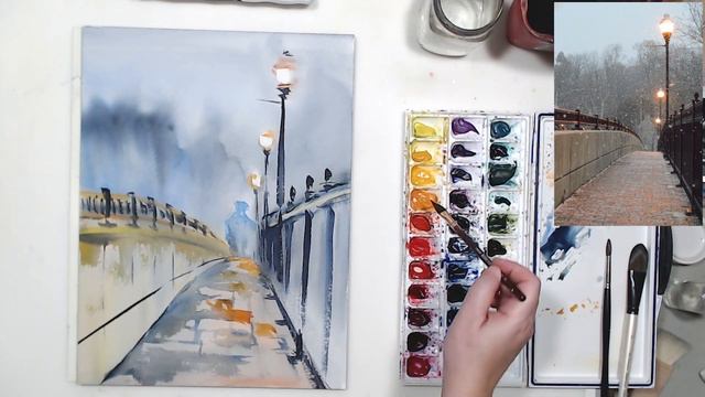 Atmospheric watercolor painting of urban landscape: how to paint evening light смотреть онлайн