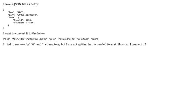 Unix & Linux: How to convert a JSON's file tree structure into a single line? смотреть онлайн