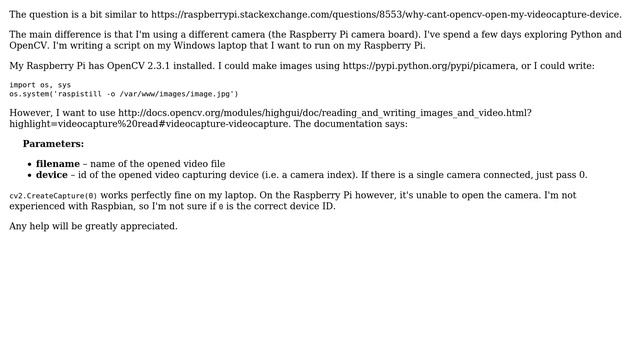 Raspberry Pi: OpenCV cv2.VideoCapture(0) doesn't work смотреть онлайн