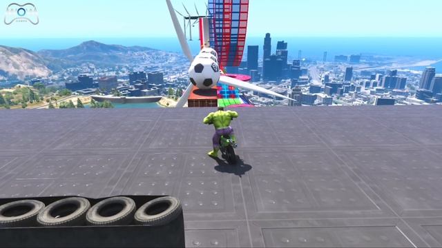 SPIDERMAN HULK BATMAN - Superheroes Motorcycle Double Jump Ramp Challenge