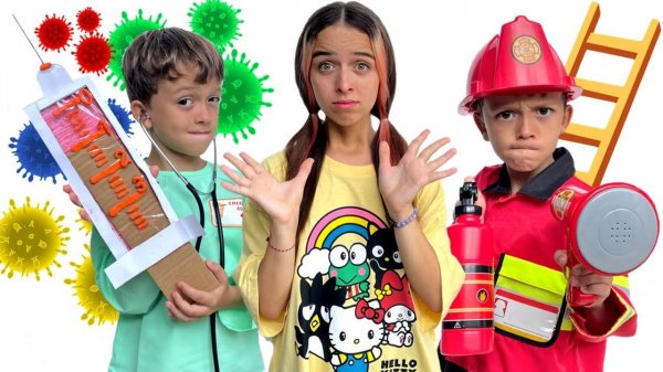 Mark as a police doctor and a firefighter shows the kids the professions and jobs