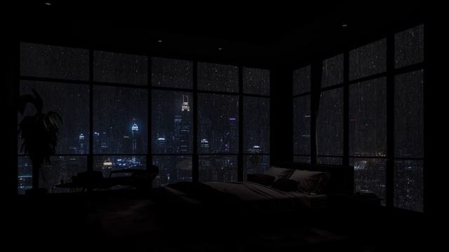 Relax with the Sound of Heavy Rain on the Bedroom Window Overlooking the Beautiful NYC at Night