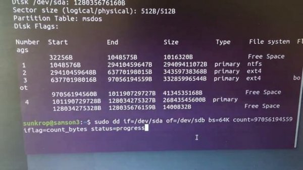 Ubuntu. Клонирование трёх системных разделов на другой диск с помощью dd