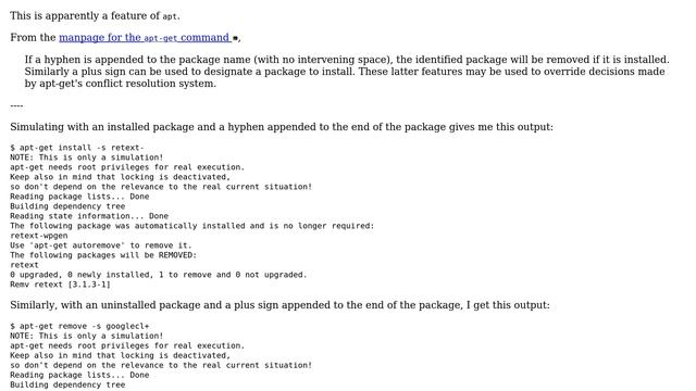Ubuntu: "sudo apt -get install foo-" causes removing foo package and everything depends on it смотреть онлайн