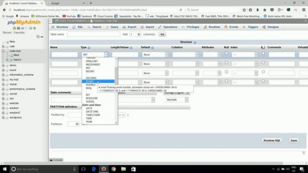 phpmyadmin #104 different data types in phpmyadmin
