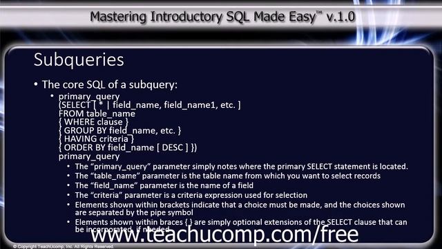 SQL Training - Structured Query Language Tutorial - Subqueries Lesson смотреть онлайн