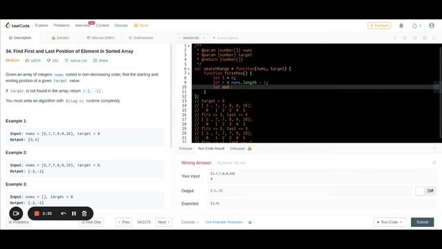 Find First and Last Position of Element in Sorted Array LeetCode 34 | Medium | JS смотреть онлайн