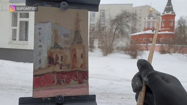 ХУДОЖНИК РИСУЕТ СТАРЫЙ ХРАМ. Зимний городской пейзаж смотреть онлайн
