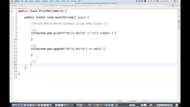 Interview Question: Print Hello World without using semi colon (;) in Java смотреть онлайн