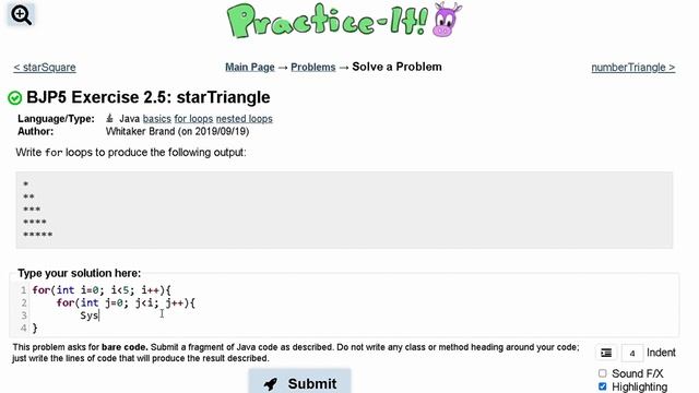 Java Practice It || 2.5 starTriangle || nested for loops смотреть онлайн
