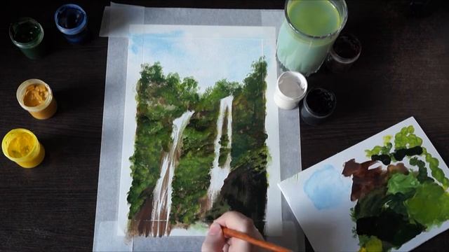 Рисую водопад гуашью / I paint a waterfall in gouache / Speedpaint смотреть онлайн