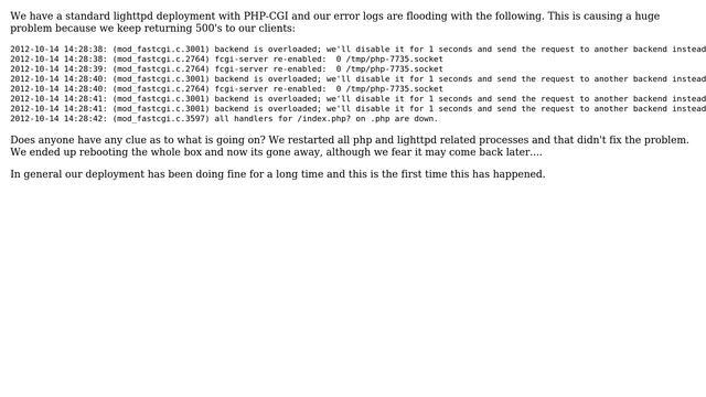 lighttpd: Backend is overloaded + fcgi-server re-enabled + all handlers are down смотреть онлайн