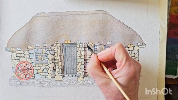 Watercolor cottage  - thatched cottage tutorial