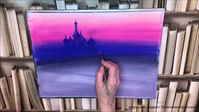 Как нарисовать зимний пейзаж | Снежная Москва | Для начинающих #акриловаяживопись #зимнийпейзаж