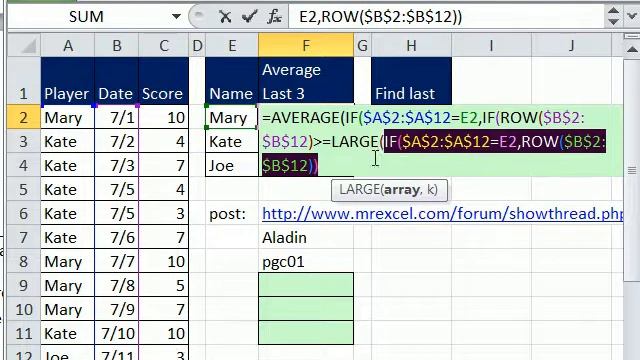 Excel Magic Trick 677: AVERAGE Last 3 Scores -- Mr Excel Message Board Array Formula смотреть онлайн
