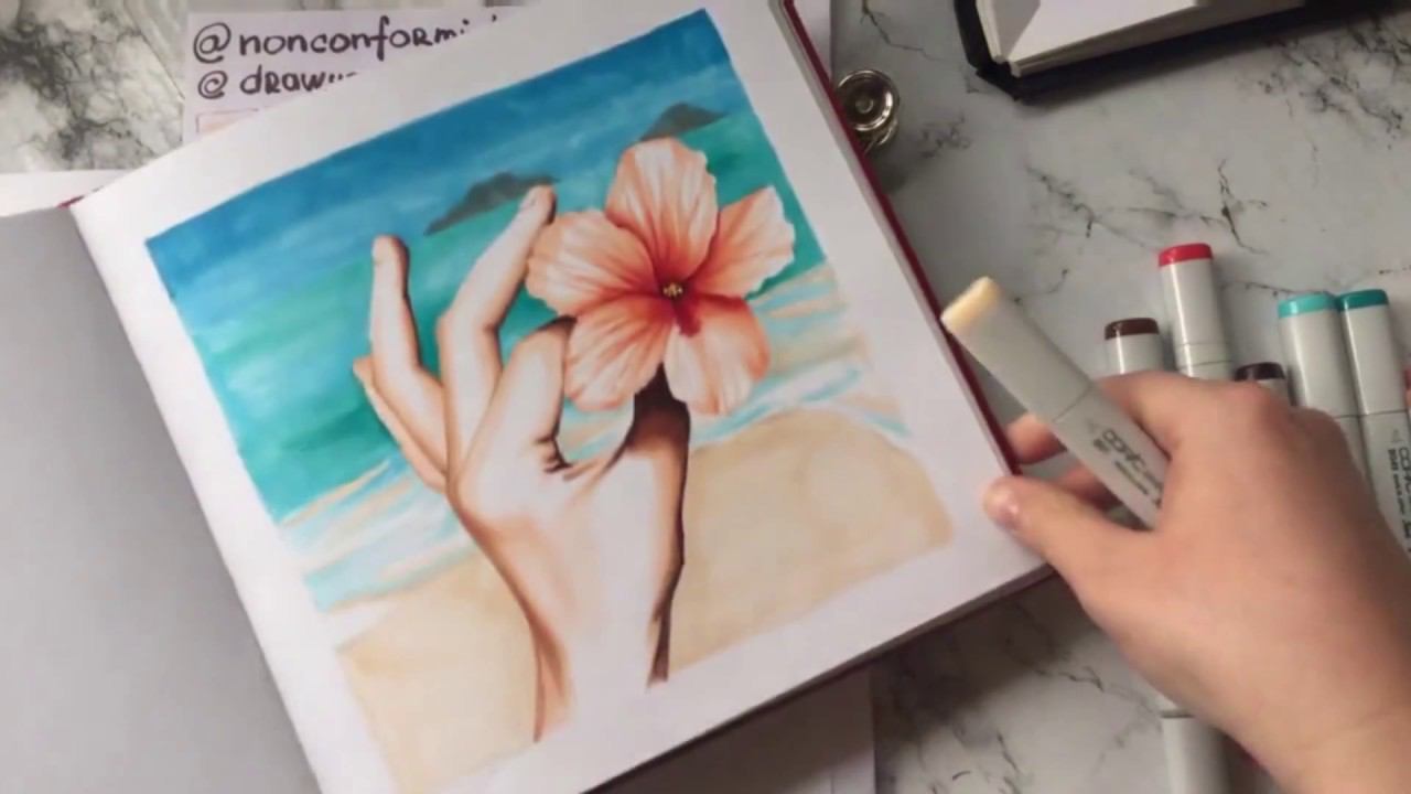 Как рисовать маркерами БЕЗ КАРАНДАША. Рисуем руку и тропический цветок. смотреть онлайн