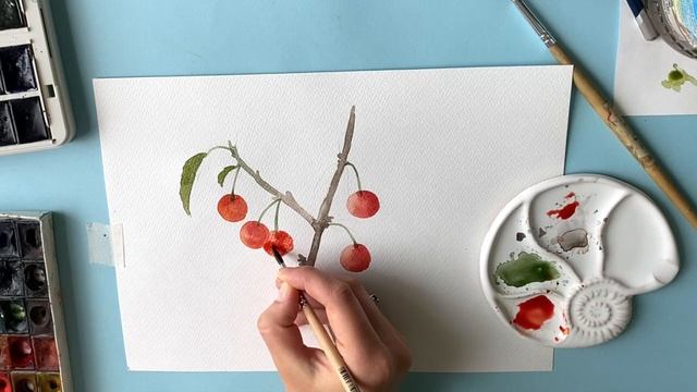 Как нарисовать вишни на ветке акварелью. Акварель для начинающих смотреть онлайн