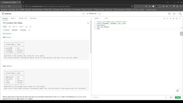 Leetcode #42 | Решение 175. Combine Two Tables смотреть онлайн